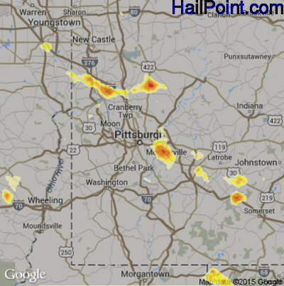 Hail Map for Pittsburgh, PA Region on July 4, 2012 