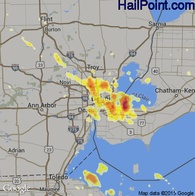 Hail Map for Detroit, MI Region on July 4, 2012 