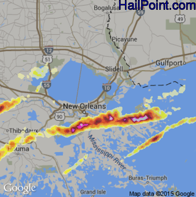 Hail Map for New Orleans, LA Region on February 25, 2013 