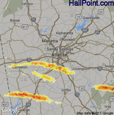 Hail Map for Atlanta, GA Region on March 18, 2013 