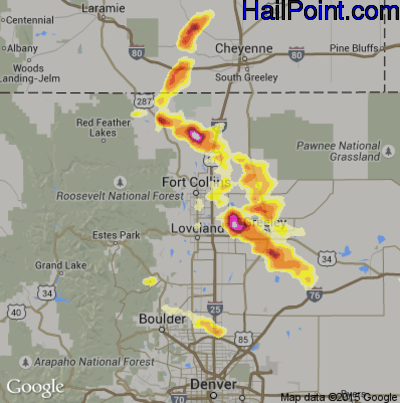 Hail Map for Fort Collins, CO Region on August 3, 2013 