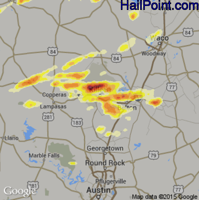 Hail Map for Killeen, TX Region on March 28, 2014 
