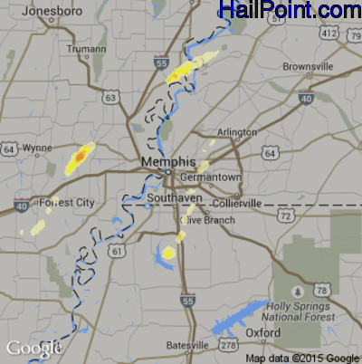 Hail Map for Memphis, TN Region on October 2, 2014 