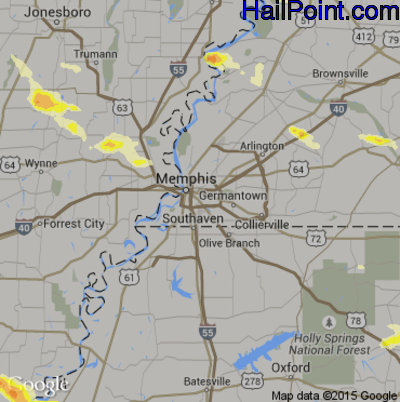 Hail Map for Memphis, TN Region on March 31, 2015 