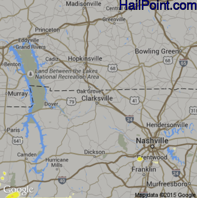 Hail Map for Clarksville, TN Region on April 15, 2015 