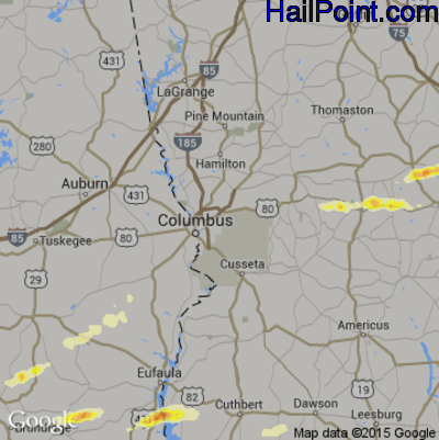 Hail Map for Columbus, GA Region on April 25, 2015 