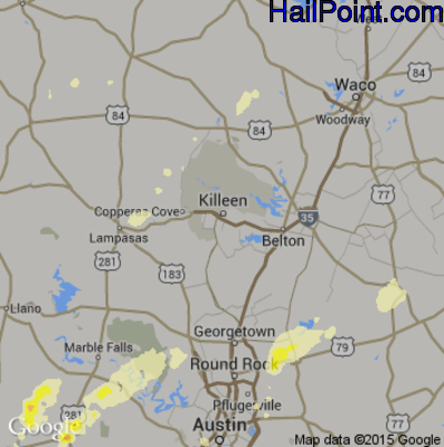 Hail Map for Killeen, TX Region on May 25, 2015 