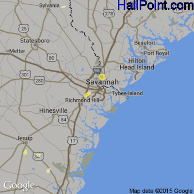 Hail Map for Savannah, GA Region on June 2, 2015 