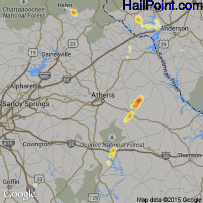Hail Map for Athens, GA Region on June 3, 2015 