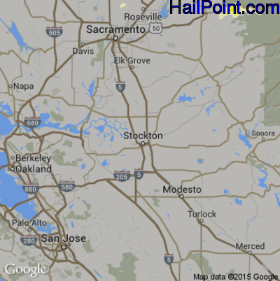 Hail Map for Stockton, CA Region on June 5, 2015 