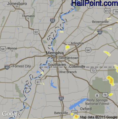 Hail Map for Memphis, TN Region on June 8, 2015 