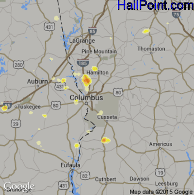 Hail Map for Columbus, GA Region on June 9, 2015 