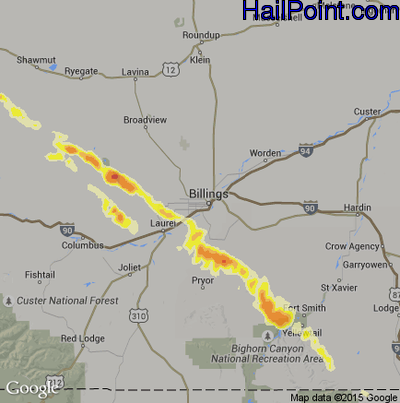 Hail Map for Billings, MN Region on June 16, 2015 