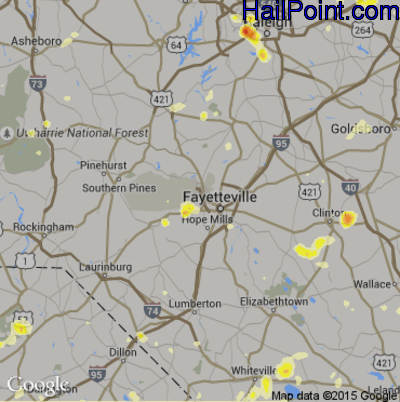 Hail Map for Fayetteville, NC Region on June 17, 2015 