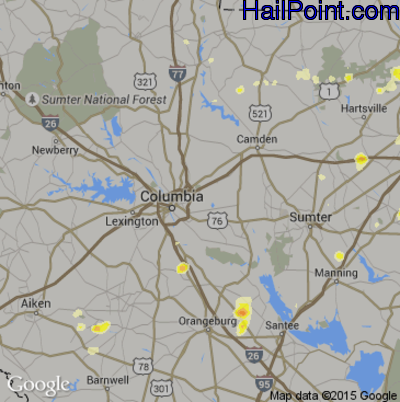 Hail Map for Columbia, SC Region on June 18, 2015 
