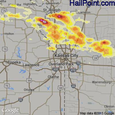 Hail Map for Kansas City, KS Region on June 21, 2015 