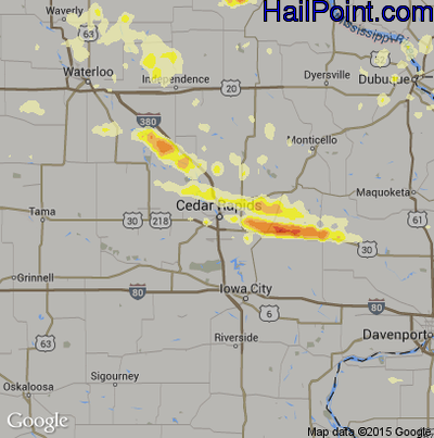 Hail Map for Cedar Rapids, IA Region on June 22, 2015 