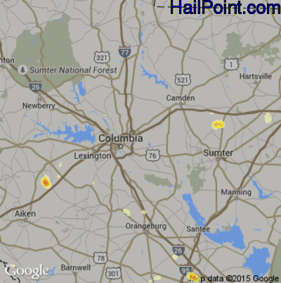 Hail Map for Columbia, SC Region on June 22, 2015 