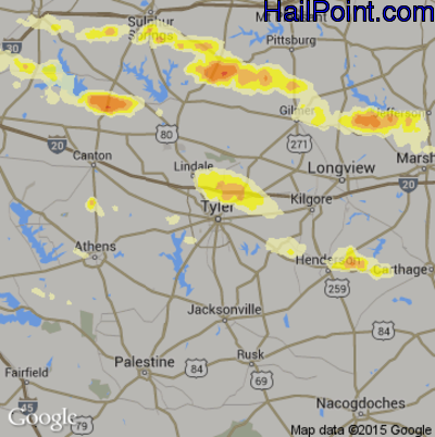 Hail Map for Tyler, TX Region on April 11, 2016 