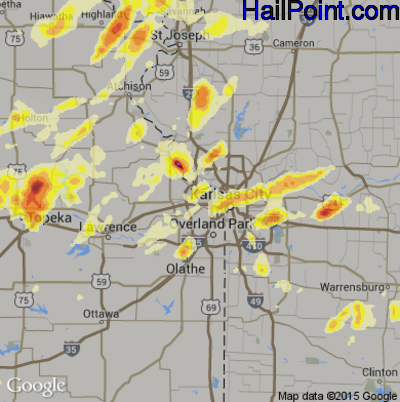 Hail Map for Kansas City, KS Region on May 26, 2016 