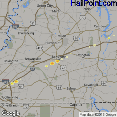 Hail Map for Jackson, TN Region on December 28, 2016 