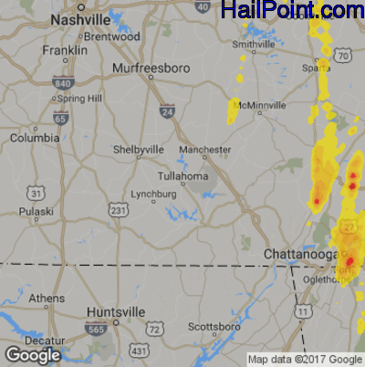 Hail Map for Tullahoma, TN Region on April 29, 2017 