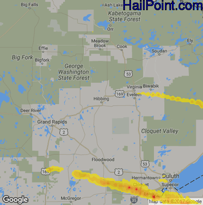 Hail Map for Hibbing, MN Region on May 15, 2017 