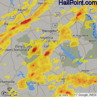 Hail Map for Lufkin, TX Region on May 20, 2017 