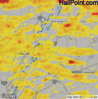 Hail Map for Dyersburg, TN Region on May 27, 2017 