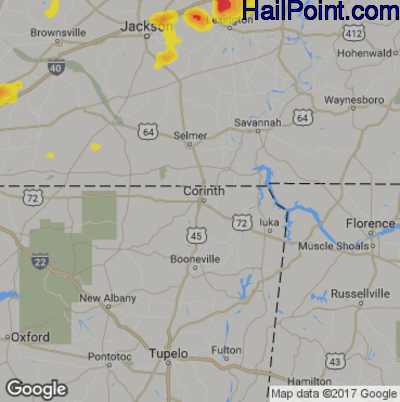 Hail Map for Corinth, MS Region on July 23, 2017 