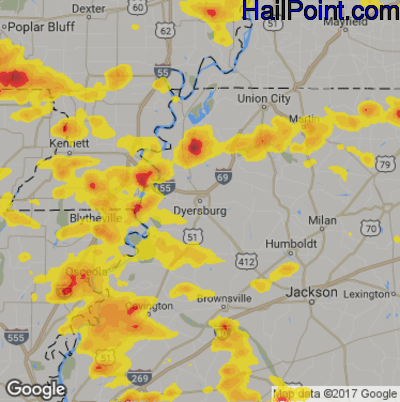 Hail Map for Dyersburg, TN Region on May 19, 2018 