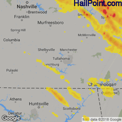 Hail Map for Tullahoma, TN Region on July 21, 2018