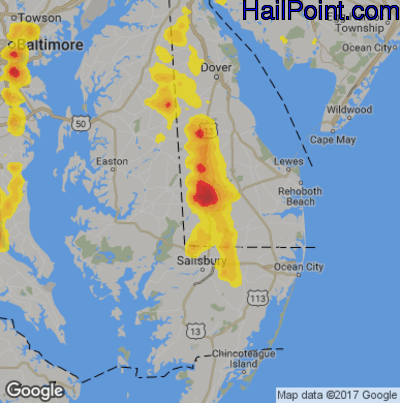 Hail Map for Seaford, DE Region on August 1, 2019 