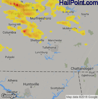 Hail Map for Tullahoma, TN Region on August 13, 2019 