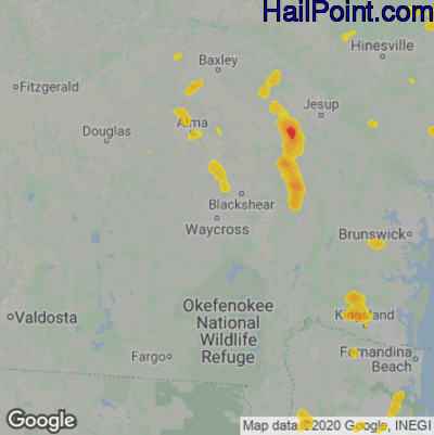 Hail Map for Waycross, GA Region on June 19, 2020 