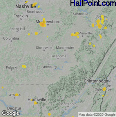 Hail Map for Tullahoma, TN Region on August 12, 2020 