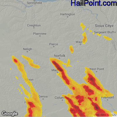 Hail Map for Norfolk, NE Region on August 16, 2020 