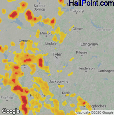 Hail Map for Tyler, TX Region on August 16, 2020 