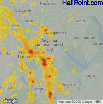 Hail Map for Lufkin, TX Region on August 16, 2020 