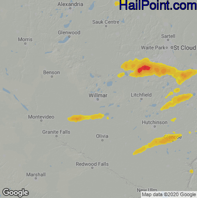 Hail Map for Willmar, MN Region on August 29, 2022