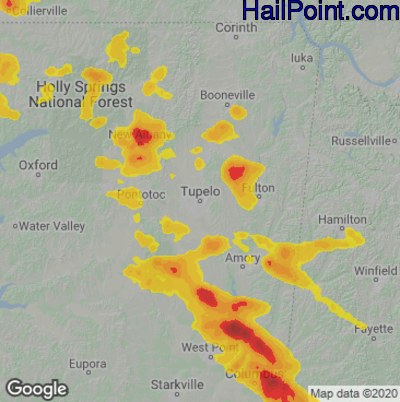 Hail Map for Tupelo, MS Region on June 16, 2023 