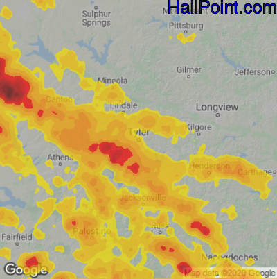 Hail Map for Tyler, TX Region on May 28, 2024