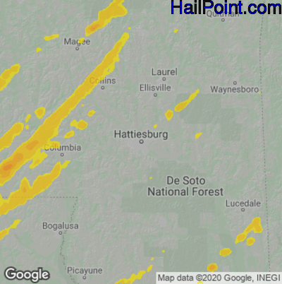 Hail Map for Hattiesburg, MS Region on March 15, 2025 